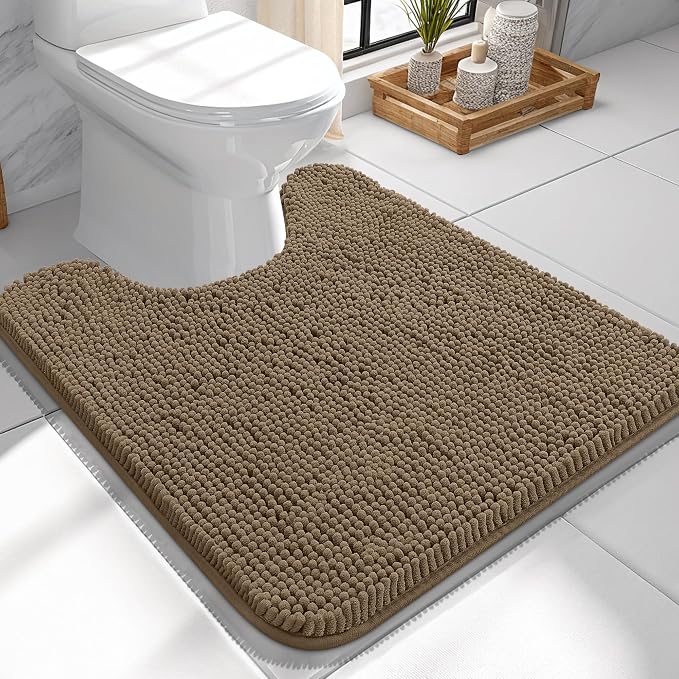 OLANLY Toilet Rugs U-Shaped 24x24, Extra Soft Absorbent Chenille Contour Bathroom Rugs for Toilet, Dry Quickly, Machine Washable, Non-Slip Bath Mat, Tan
