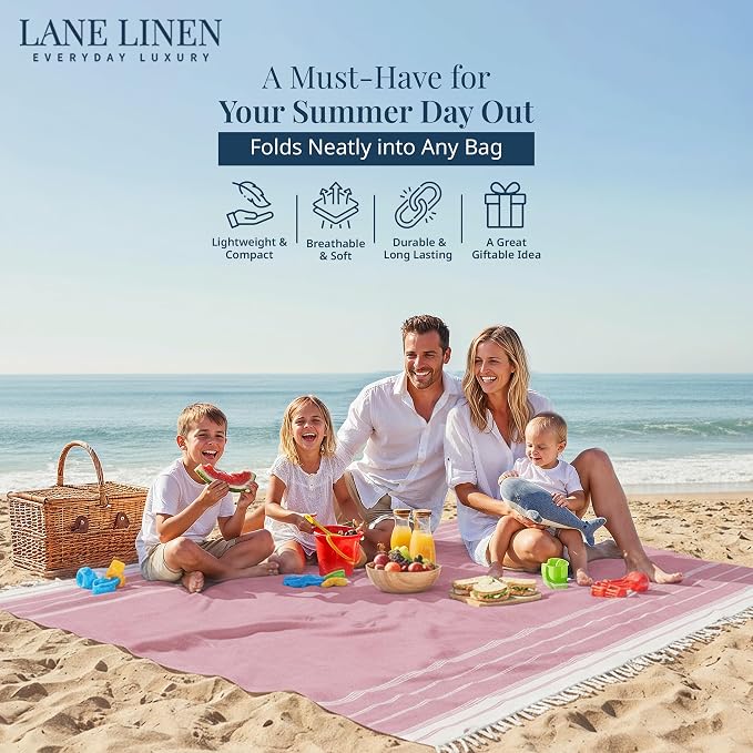 LANE LINEN Beach Blanket Sand Free & Extra Large Beach Towel - Candy Pink | Oversized Beach Mat, 82"x82" - For The Beach, Lawn, Lake & Tailgates - Packable, Shakes Off Sand - Roomy Family Size