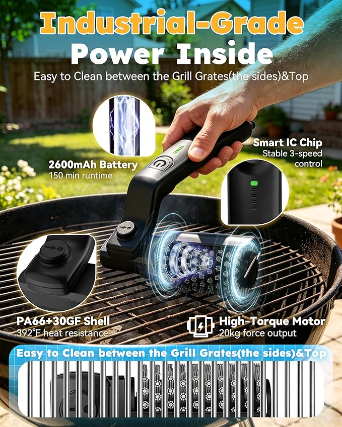 Electric Grill Brush, Cordless BBQ Grill Cleaner with 3-Speed High Torque Motor,Burnt Grease,Adjustable Angle Rotary Head,150 Min Runtime,Waterproof,Safe for Porcelain & Cast Iron (2, 2 Spare Heads)