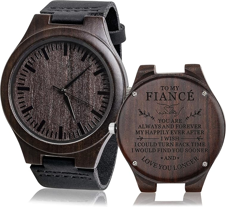 Custom Engraved Wood Watch Gifts for Fiancé Boyfriend Husband Men Him As Personalized Anniversary Christmas Birthday Father Day Graduation Valentine's Wooden Idea