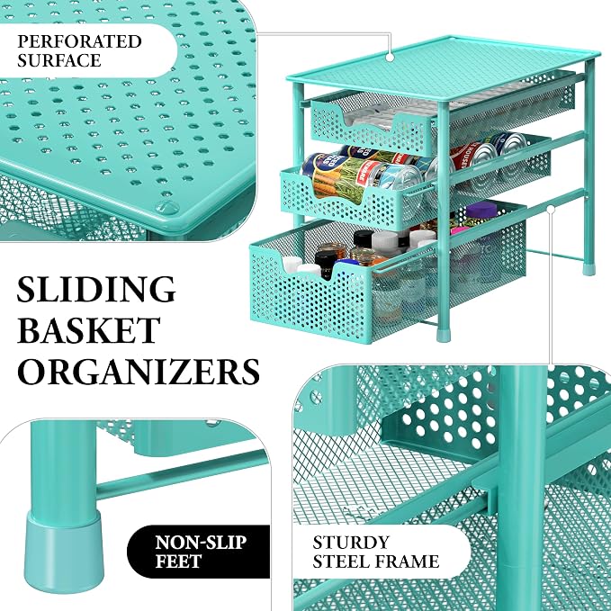 Simple Houseware Stackable 3 Tier Sliding Basket Organizer Drawer, Turquoise