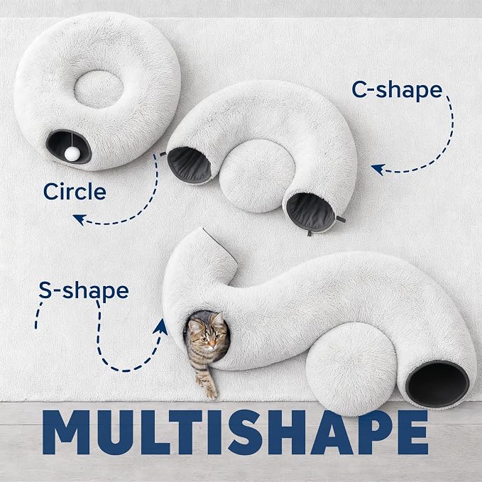 Large Cat Donut Tunnel Bed - Cat Tunnels for Indoor Cats - Circle Hideaway with Cat Toys, 3-in-1, Gift-Ready DIY Collapsible Plush Cat Tube, Rabbit, Kitty