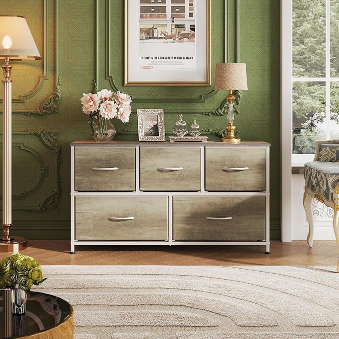 WLIVE Wide Dresser for Bedroom, 5 Drawer Chest of Drawers, Greige | 5 roomy fabric drawers, Wide storage design, Bedroom or closet use, Sturdy steel frame, Smooth wood tabletop