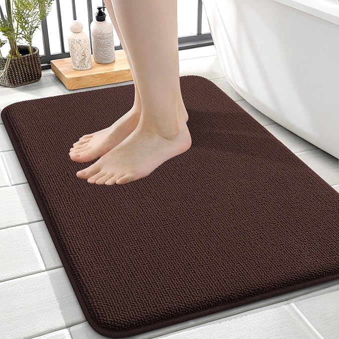 OLANLY Memory Foam Small Bathroom Rugs 24x16, Absorbent Bath Mat, Brown | Soft Quick Dry Bath Mat Rugs, Non-Slip, Machine Washable Mat for Bathroom Floor, Tub and Shower, Home Decor Accessories