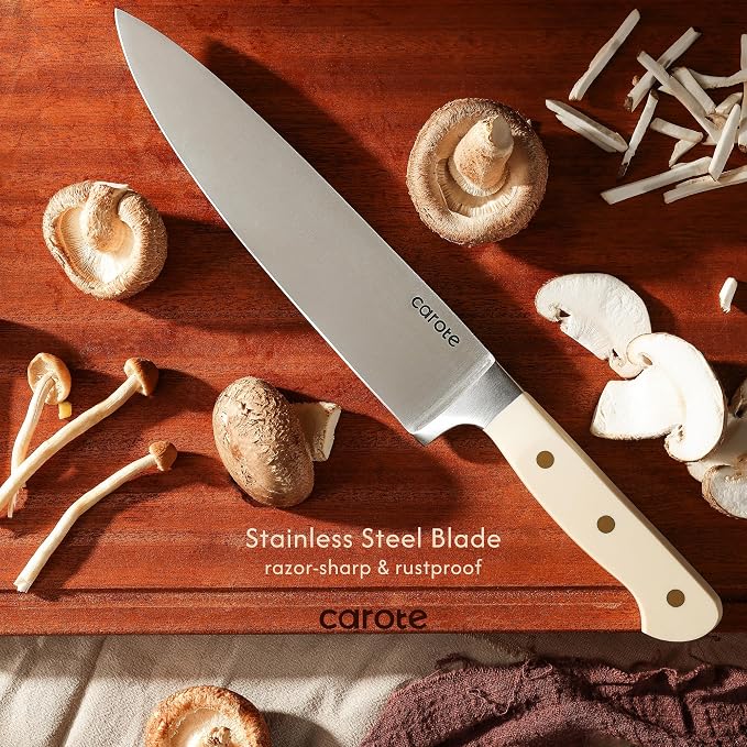 CAROTE 11-Piece Kitchen Knife Set with Magnetic Wood Block, Beige | Razor-Sharp Stainless Steel Knives, Long-Lasting Sharpness, Rust-Resistant, Triple-Riveted Ergonomic Non-Slip Handles