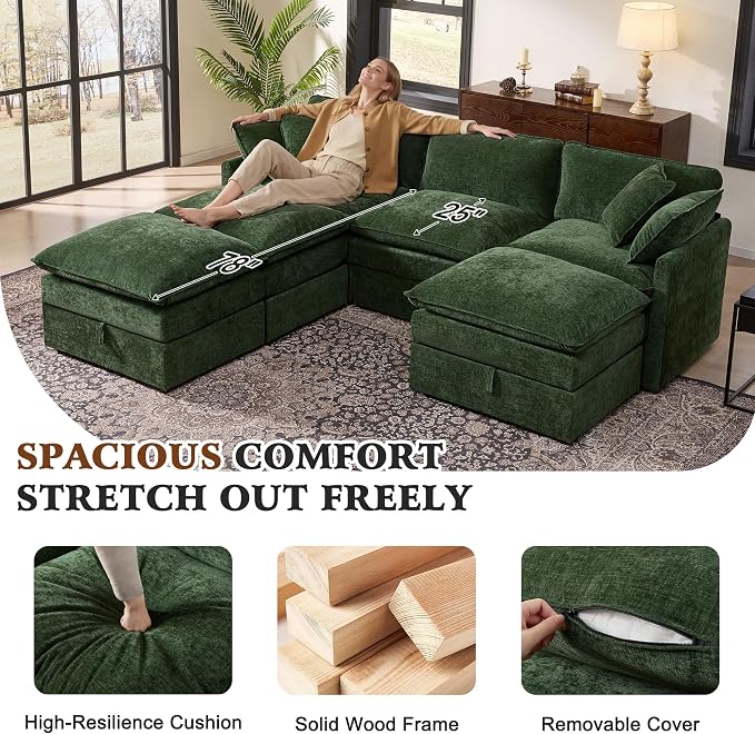 Ihanherry Oversized Sectional Sofa Bed with Storage, 103" 6-Seater Modular Cloud Couch with Movable Ottomans, Chenille Deep Seat Sleeper Couches for Living Room (Green)