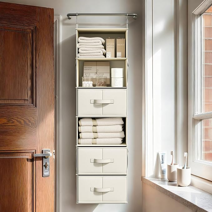 Vailando 6-Shelf Hanging Closet Organizer with 3 Drawers, 6-Shelf Inseparable Closet Organizers and Storage for Wardrobe Organization, Hanging Dresser for Nursury & Dorm Clothes Organizer, Beige