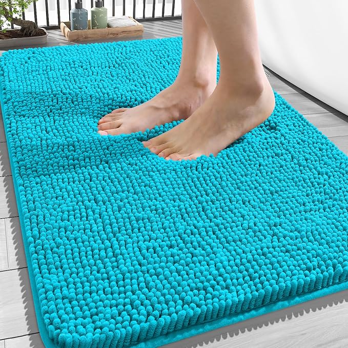 OLANLY Bathroom Rugs 34x21, Extra Soft Absorbent Chenille Bath Rugs, Rubber Backing Quick Dry, Machine Washable Bath Mats for Bathroom Floor, Tub and Shower, Home Decor Accessories, Aqua Sky