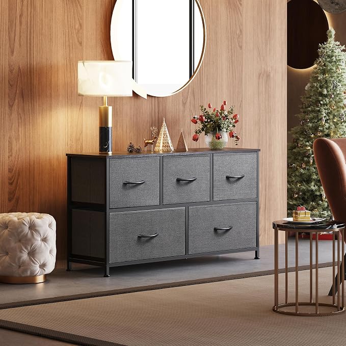 WLIVE Wide Dresser for Bedroom, 5 Drawer Chest of Drawers, Dark Grey | 5 roomy fabric drawers, Wide storage design, Bedroom or closet use, Sturdy steel frame, Smooth wood tabletop