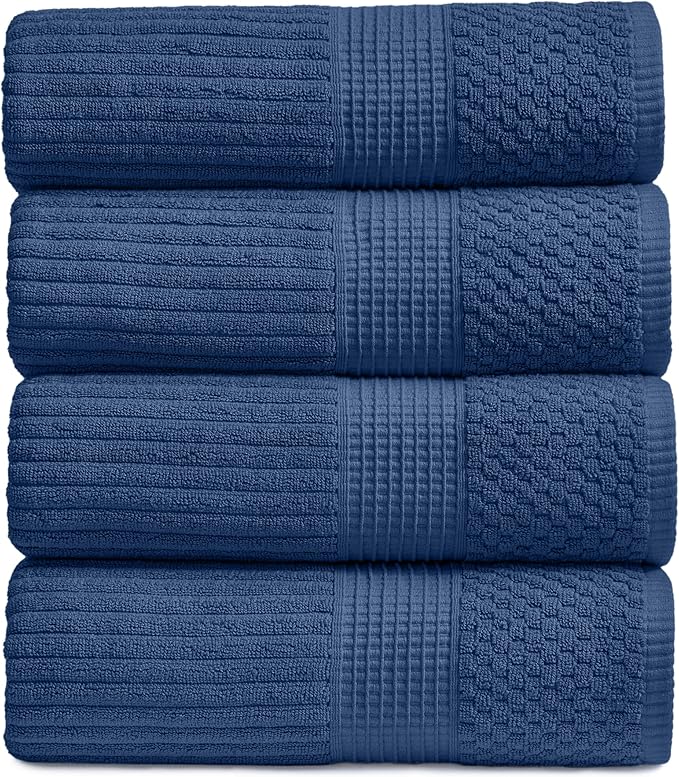 Springtree Home 100% Cotton Bath Towel Set | 4-Pack | Textured | Navy | Absorbent & Quick-Dry Bathroom Towels | Textured and Durable Cotton Towels for Bathroom | OEKO-TEX | Krista Collection