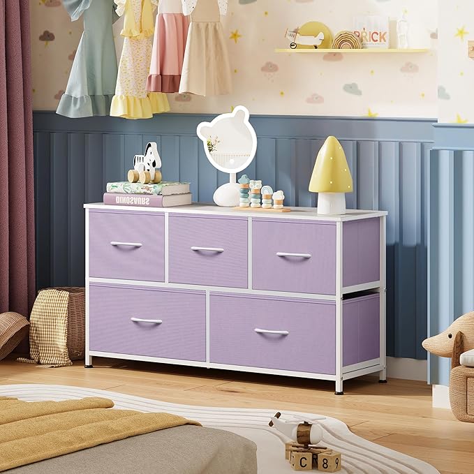 WLIVE Wide Dresser for Bedroom, 5 Drawer Chest of Drawers, Purple | 5 roomy fabric drawers, Wide storage design, Bedroom or closet use, Sturdy steel frame, Smooth wood tabletop