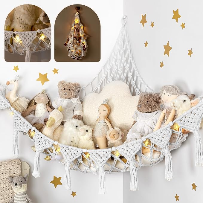 TIDYTEDS Snow White Macrame DreamLights Boho Stuffed Animal Storage Net (Extra Large) and Hammock for Small Plushies - Pure Cotton