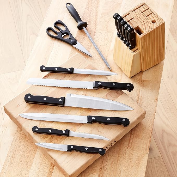 Amazon Basics 14-Piece High Carbon Stainless Steel Kitchen Knife Set with Full Tang Construction, Ergonomic Handles, Sharpener and Pinewood Block, Black