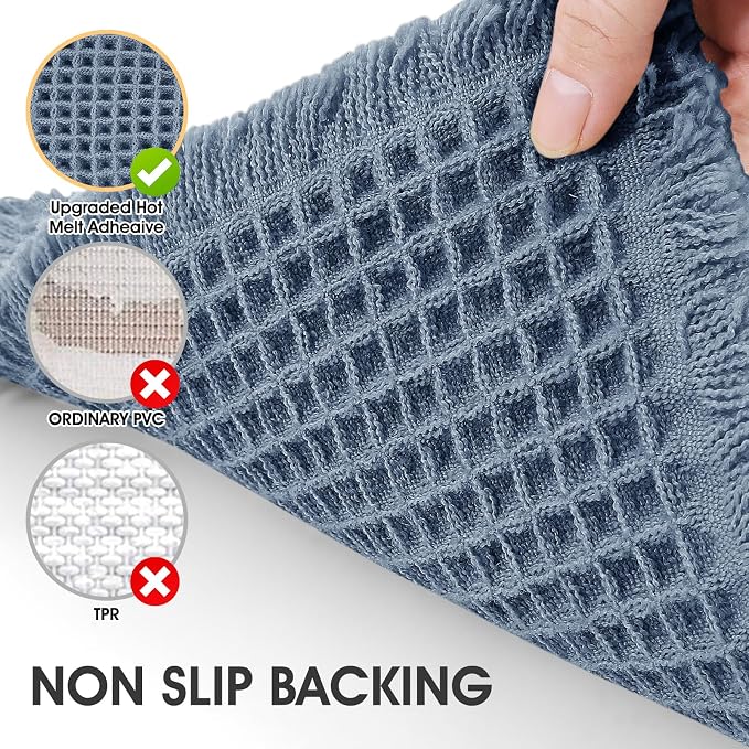 IM HOME Waffle Bath Mat Blue 32"x20", Boho Woven Modern Bath Mat Rugs, Absorbent Non Slip Bathroom Rugs, Soft Washable Bath Rugs with Tassels for Bedroom, Kitchen, Shower, Tub
