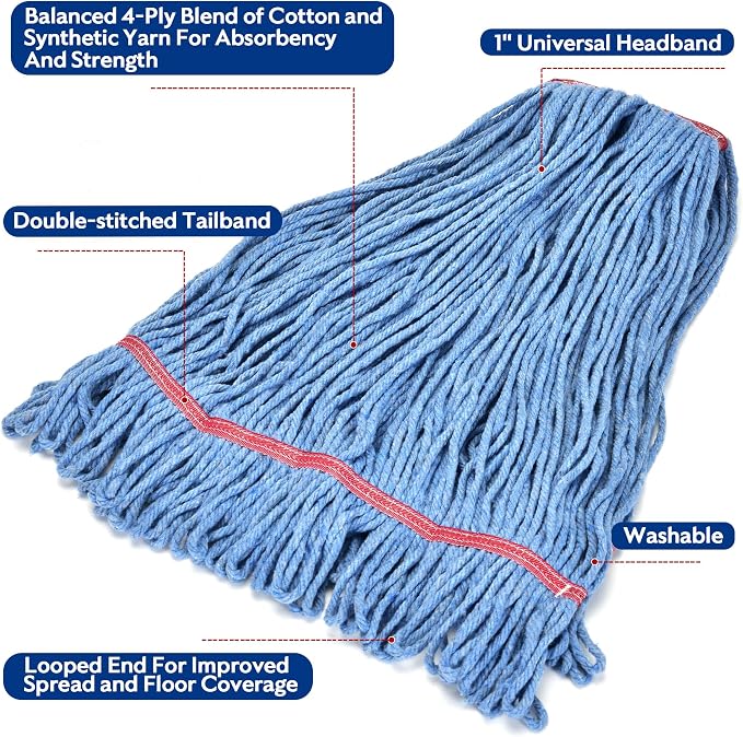 Matthew Cleaning 24oz Heavy Duty Mop Head Commercial Replacement for General and Floor Cleaning , Wet Industrial Blue Cotton Looped End String Head Refill (Case of 12) Blue