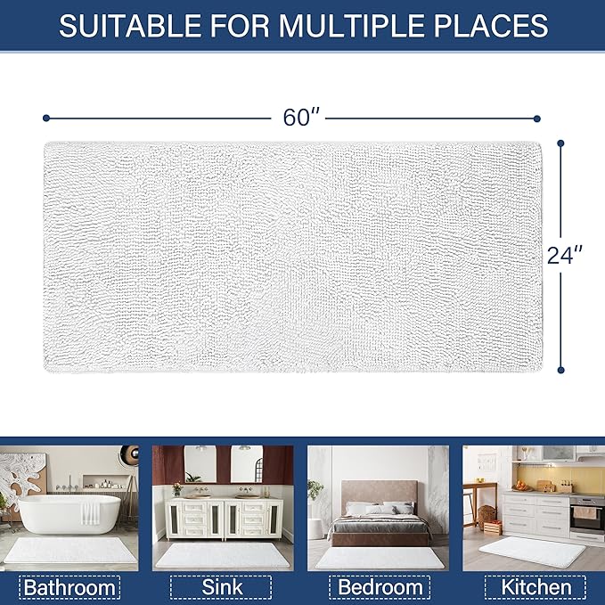 LOCHAS Luxury Bathroom Rug Shaggy Bath Mat 24 x 60 Inch, White | Washable Non Slip Bath Rugs for Bathroom Shower, Soft Plush Chenille Absorbent Carpets