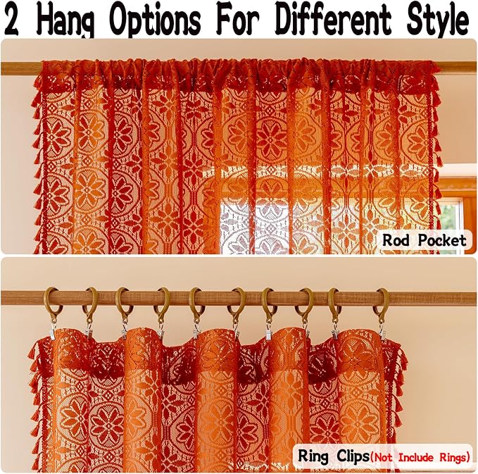 Sutuo Home Terracotta Boho Lace Curtains 72 inches Long,Burnt Orange Sheer Curtains 2 Panels for Bedroom Nursery Privacy Crochet Victorian Vintage Tassels Bohemian Window Treatments Rod Pocket,50" W
