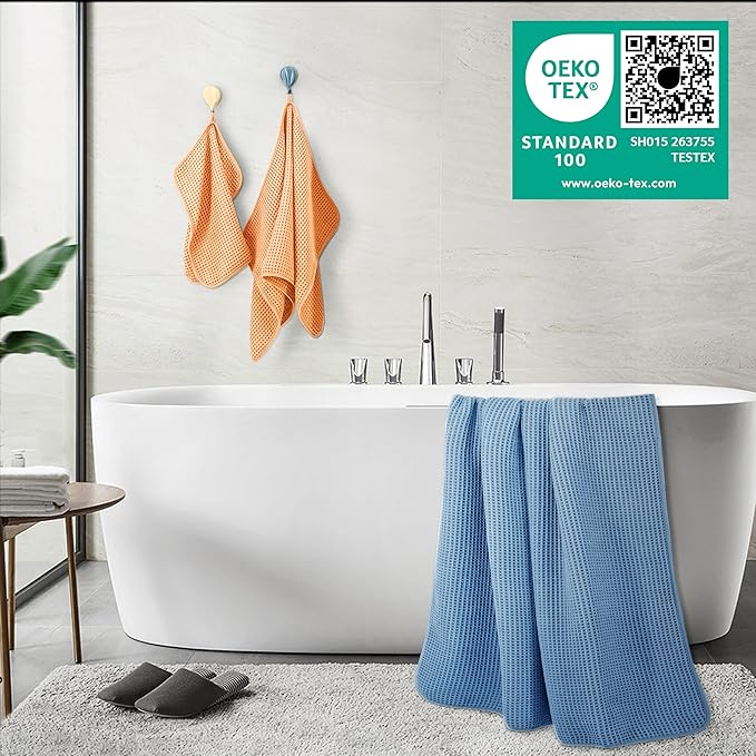 POLYTE 430 GSM Microfiber Quick Dry Lint Free Oversize Bath Towel Set, 6 Piece (Waffle Weave)