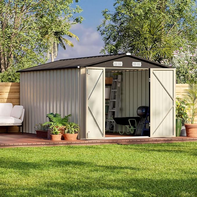 Patiowell 8x12 FT Outdoor Storage Shed, Brown | Steel Shed Storage House, Lockable Doors Design, Utility and Tool Storage, Garden, Patio, Backyard, Outside Use