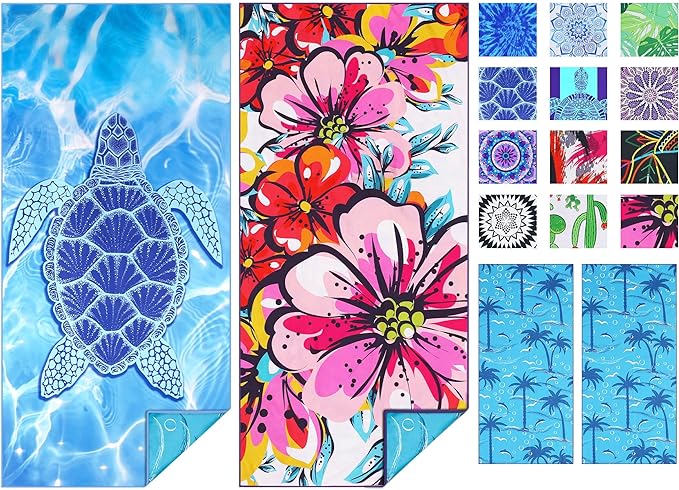 TwoYek Microfiber Beach Towel Extra Large 71x32 Turtle Floral 2 Pack | Thin & Lightweight, Sand Free, Super Absorbent & Quick Dry, Oversized Towels for Beach Bath Pool Swim Travel Essentials Gift