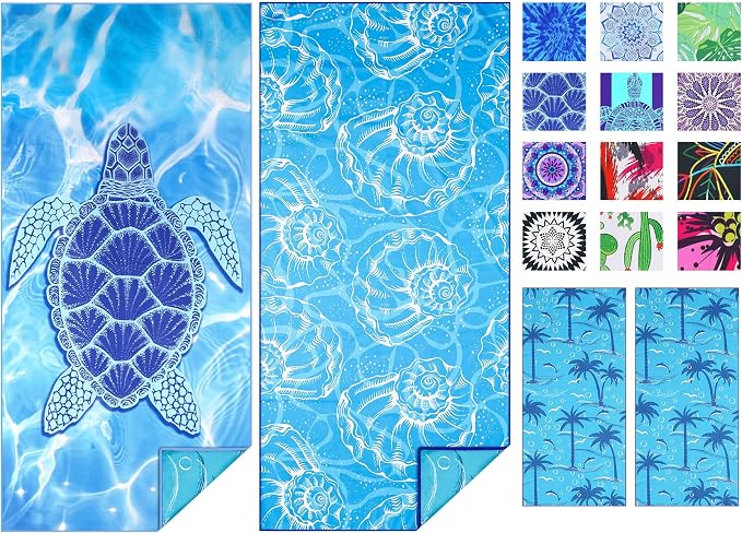 TwoYek Microfiber Beach Towel Extra Large 71x32 Turtle Shell 2 Pack | Thin & Lightweight, Sand Free, Super Absorbent & Quick Dry, Oversized Towels for Beach Bath Pool Swim Travel Essentials Gift