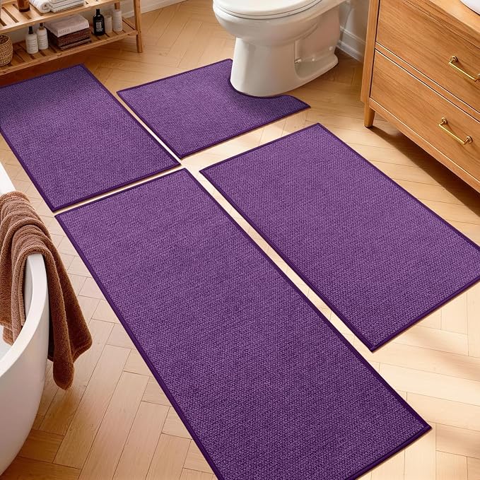 YIHOUSE Purple Bathroom Rugs Sets 4 Piece, Quick Dry Thin Bath Mat with Toilet Rug, Non Slip Absorbent Machine Washable, Bath Runner Rugs for Bathtub Sink Home Decor