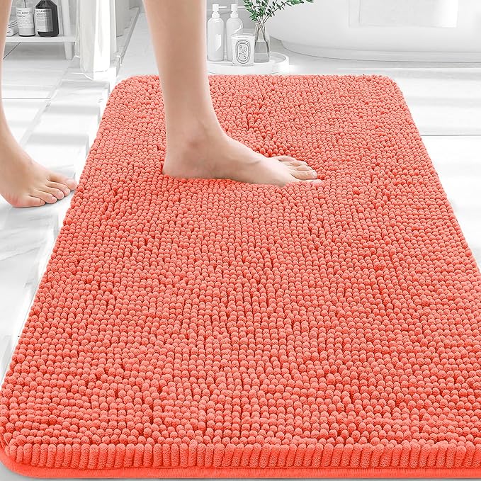 OLANLY Bathroom Rugs 32x20, Extra Soft Absorbent Chenille Bath Rugs, Rubber Backing Quick Dry, Machine Washable Bath Mats for Bathroom Floor, Tub and Shower, Home Decor Accessories, Coral