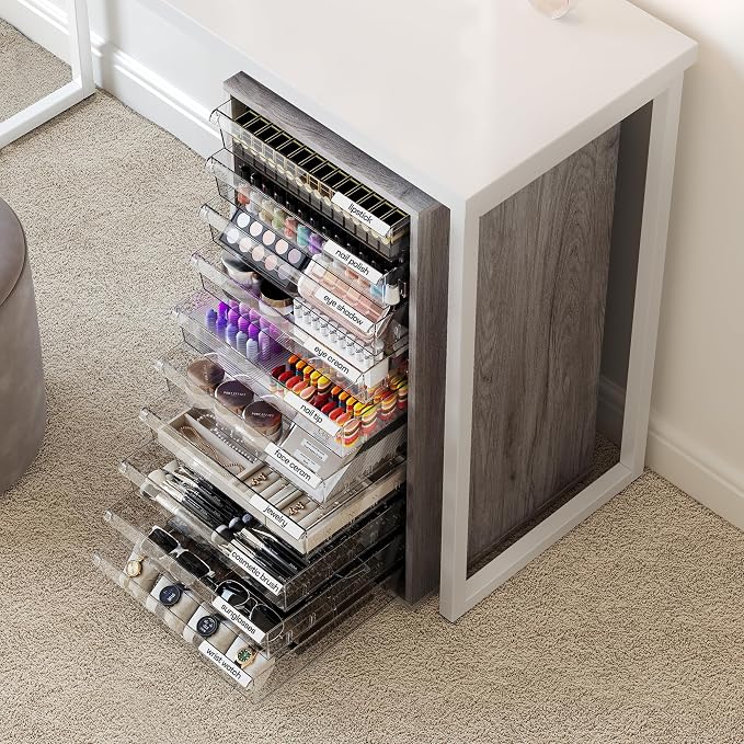 WOPITUES Storage Drawer Cart, Mobile Storage Cabinet, Makeup Storage with 10 Large Clear Drawers, Utility Wooden Rolling Cart on Wheels, for Cosmetic, Art Craft, Office Supplies, Toy, Grey
