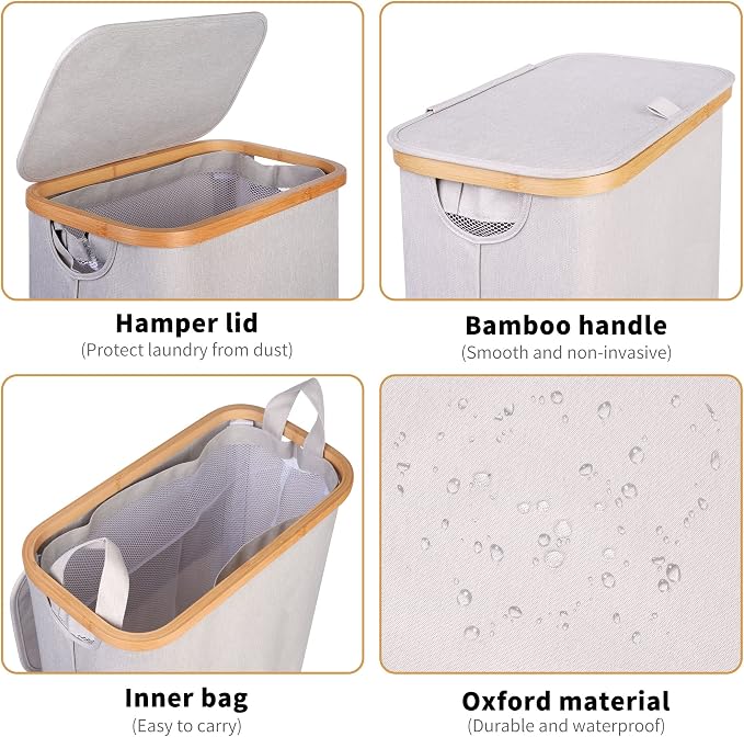 65L Slim Laundry Hamper, Narrow Laundry Basket with Lid,Foldable Clothes Hamper with Bamboo Handles,Hamper Basket with Removable Inner Bag for Laundry Room Bedroom College Dorm,17.17 Gals（Light Grey）