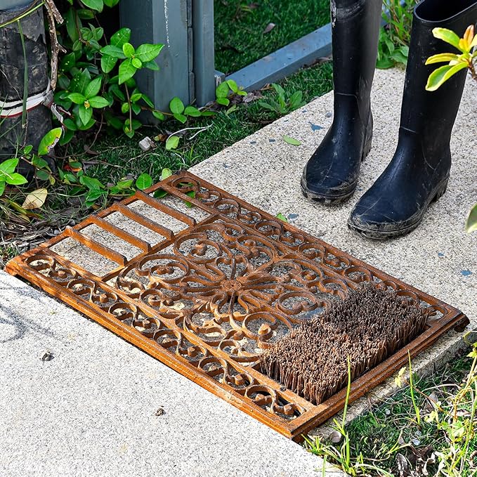 Sungmor Outdoor Cast Iron Doormat, Vintage Boot Scraper with Brushes, Rust Rectangle Shoe Scraper Mat, 22.8" Heavy Duty Decorative Shoe Cleaning Mat for Front Door, Entrance, Garden