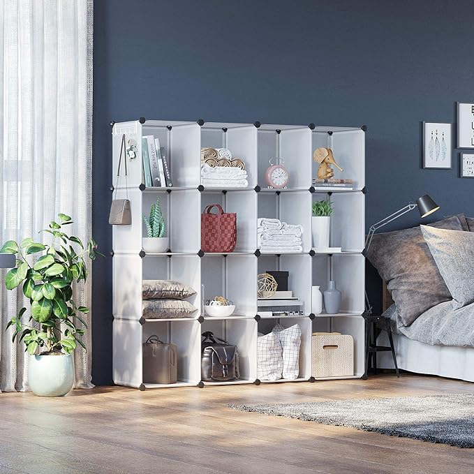 C&AHOME 16 Cube Storage Organizer Cube Shelves Units Storage Cubes, White | Plastic DIY Closet Organizer, Stackble Modular Closet Storage Shelves Ideal for Home, Bedroom, 48.4" L × 12.4" W × 48.4" H