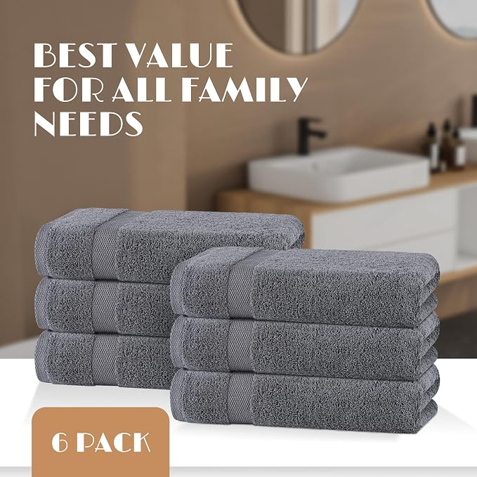 White Classic Wealuxe Grey Towels for Bathroom 6 Pack, Cotton Bath Towel Set for Hotel, Gym, Spa, Soft Extra Absorbent Quick Dry 22x44 Inch