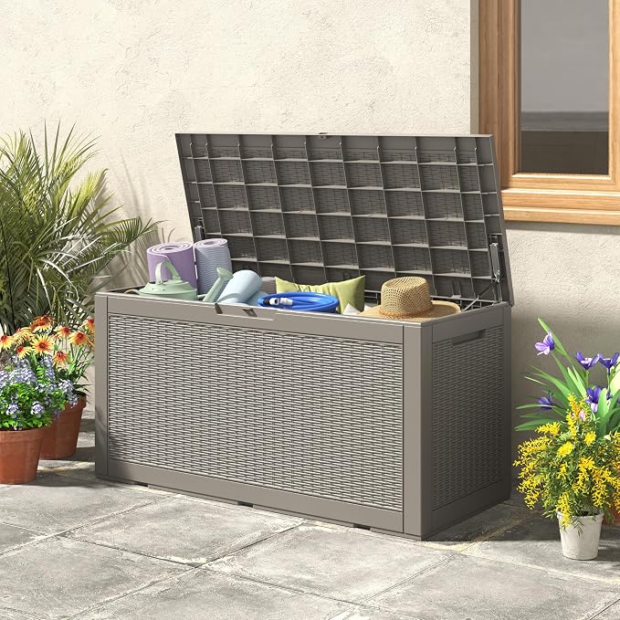 120 Gallon Waterproof Large Resin Deck Box, Lockable Large Outdoor Storage Boxes Indoor Outdoor Storage Container for Patio Cushions, Gardening Tools, Pool Supplies, Grey