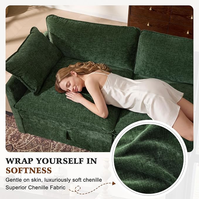 Ihanherry 135” Modular Sectional Sofa with Storage, U Shaped Cloud Couch with Movable Ottomans & 4 Pillows, Chenille Deep Seat Sectional Couches for Living Room, Apartment (Green)