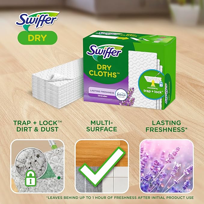 Swiffer Sweep + Mop, Dry Pads Refill, Floor Cleaner for Dirt, Dust, Hair, Cleaning Cloths for Mopping Home, Bathroom, Kitchen, Dust Mop, Floor Duster, Lavender, 52ct (Pack of 3)