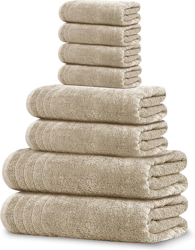 Tens Towels 8 Piece Towel Set, 2 XL Bath, 2 Hand, 4 Washcloth, Beige | 100% Cotton, Lighter Weight, Quicker to Dry, Super Absorbent, Perfect for Bathroom