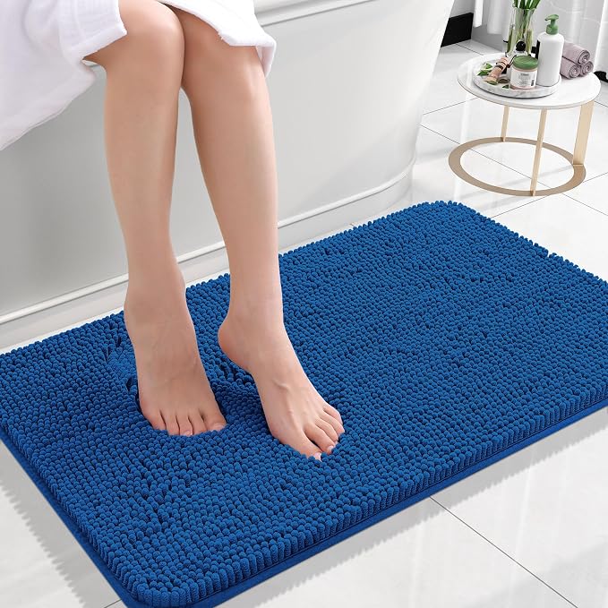 OLANLY Small Bathroom Rugs 24x16, Soft Absorbent Chenille Bath Rugs, Rubber Backing Quick Dry, Machine Washable Bath Mats for Bathroom Floor, Tub and Shower, Home Decor Accessories, Deep Navy Blue