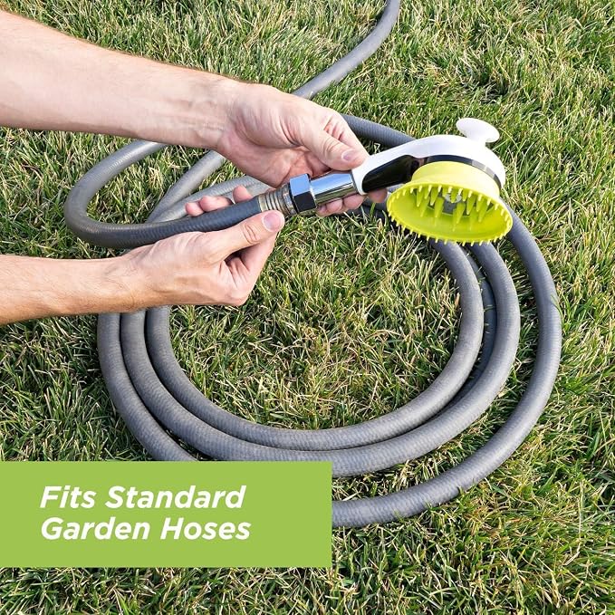 Wondurdog Outdoor Dog Wash Garden Hose Nozzle for Bath and Quick Paw Rinses. Splash Shield Handle and Rubber Grooming Brush. Metal Connection. Swivels on Hose with Water Pressure Control.