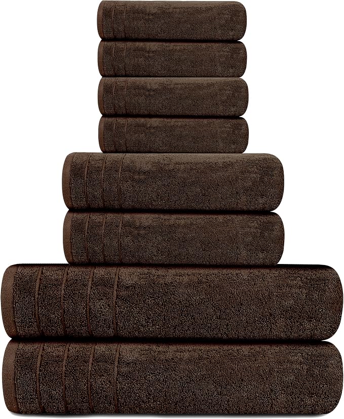 Tens Towels 8 Piece Towel Set, 2 XL Bath, 2 Hand, 4 Washcloth, Brown | 100% Cotton, Lighter Weight, Quicker to Dry, Super Absorbent, Perfect for Bathroom