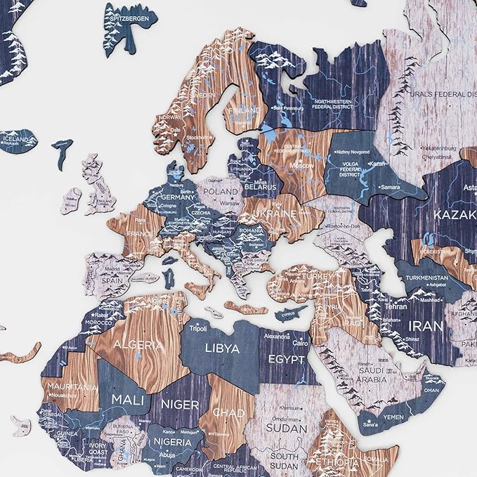 ENJOY THE WOOD Colored World Map Wood Wall Art - 3D Wall Art Home Decor - Wooden Travel Map Housewarming Gift Idea - World Map Decorations for Home (Mystery, 2XL)