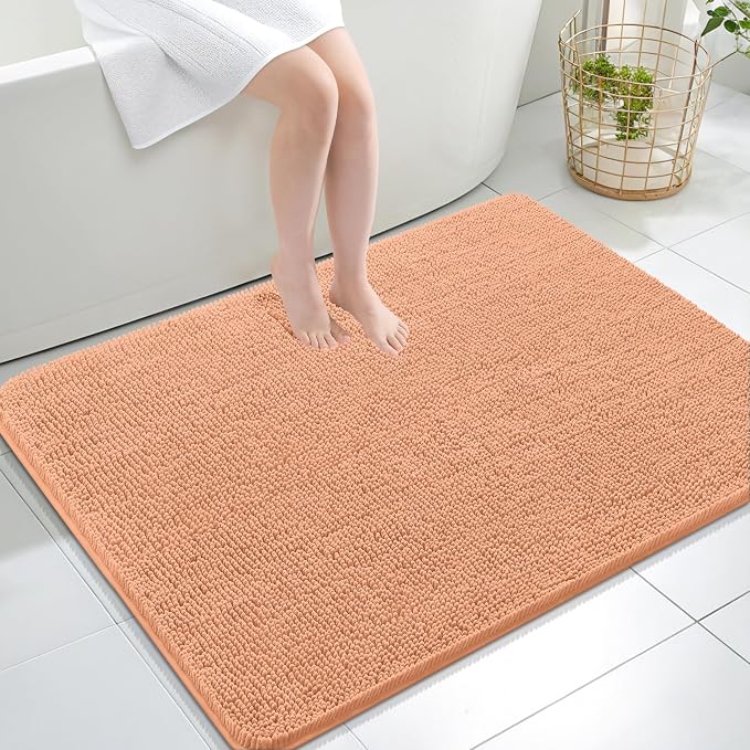 OLANLY Large Bathroom Rugs 40x32, Extra Soft Absorbent Chenille Bath Rugs, Rubber Backing Quick Dry, Machine Washable Bath Mats for Bathroom Floor, Tub and Shower, Home Decor Accessories, Peach