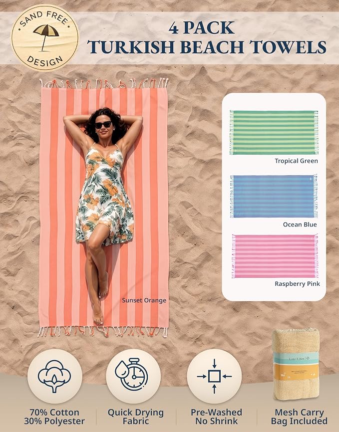 LANE LINEN Beach Towels 4 Pack, Oversized, 39"x71", Quick Dry - Color Rush | Classic Cabana Stripe - Machine Washable, Tumble Dry Low - Fast-Drying Travel Companion - Reinforced Hems, No Fraying
