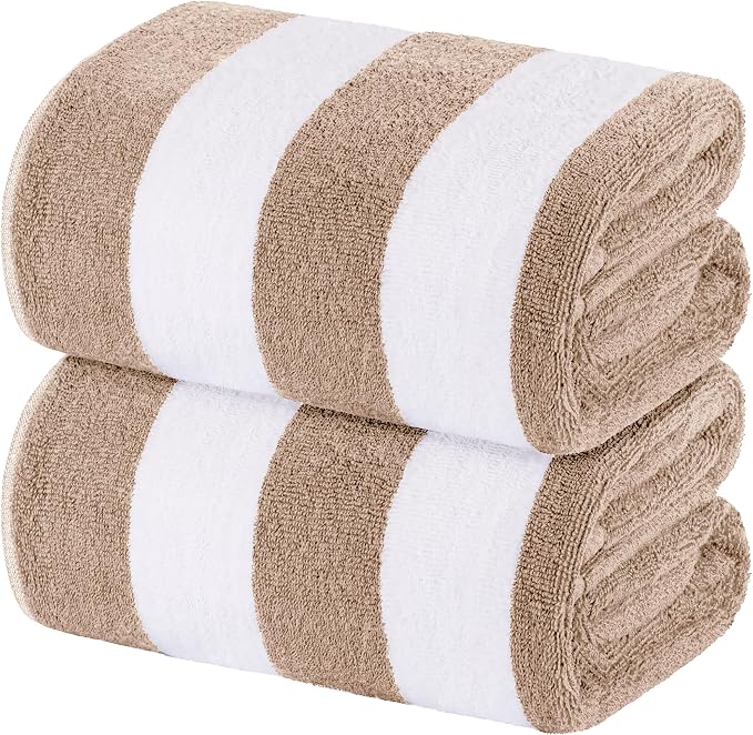 White Classic Beach Towels Oversized Cabana Stripe Cotton Bath Towel Large - Luxury Plush Thick Hotel Swim Pool Towels for Adults Super Absorbent Quick Dry - 35x70 Beige [2 Pack]