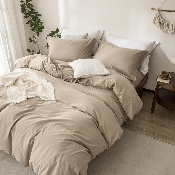 Linen Feel Duvet Cover King Size 104inch x 90inch,100% Washed Cotton Duvet Cover with Zipper Closure and 2 Pillowcases, Color of Mocha Brown