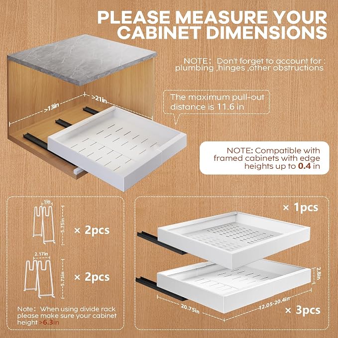 Seinloes 4Pack Expandable Pull Out Cabinet Organizer 21"Deep with Raising Pad for Framed Cabinets,Slide Out Drawers with 4pcs Divider Racks,Roll Out Shelves Adhesive,Adjustable Width 12.05"-20.4"White