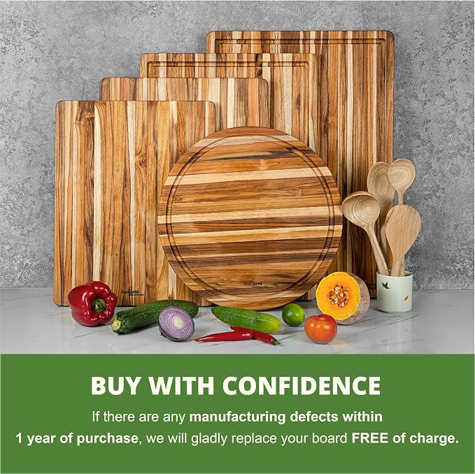 Teak Wood Board with Juice Groove & Hanging Hole (14x10x0.6") | Durable non-toxic wooden chopping & serving board for kitchen. Compact size, easy to hang & store. Gift box included