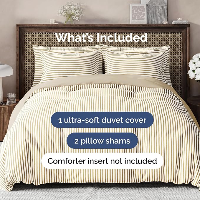 Duvet Cover King Size Set - Extra Soft King Duvet Cover 104" x 90" with 2 Pillow Shams for Women, Men, Kids & Teens - Hotel Luxury w/ Zipper Closures & Ties - Comfy, Cozy & Breathable (Beige Stripes)