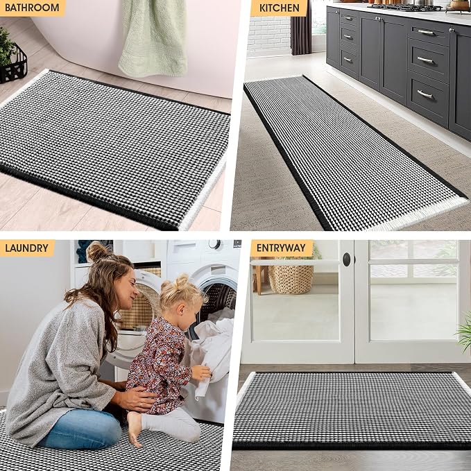 IM HOME Extra Large Waffle Bath Mat Black & Cream 6'x2'(72" x 24"), Boho Woven Modern Bath Mat Rugs, Absorbent Non Slip Bathroom Rugs, Soft Washable Bath Rugs with Tassels for Bathroom