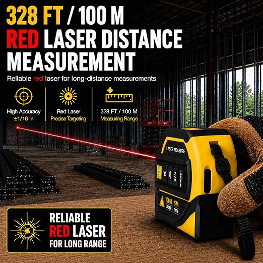 4-in-1 Digital Laser Tape Measure, 16FT Tape, 328FT Distance Meter | 33FT cross-line laser for room measurements, furniture layout, doorway clearance, picture hanging and shelf installation.
