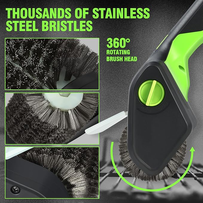 DNA Motoring TOOLS-00219 Cordless Electric Grill Cleaning Scrub Brush Rechargeable with Type-C Charge Cord,Green/Black